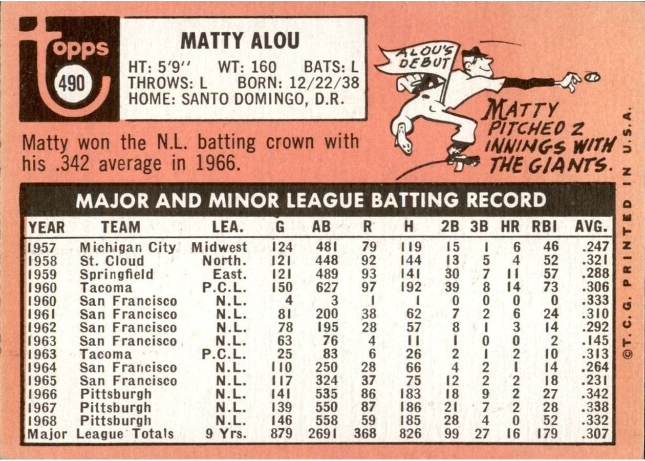 1969 Topps #490 Matty Alou card back