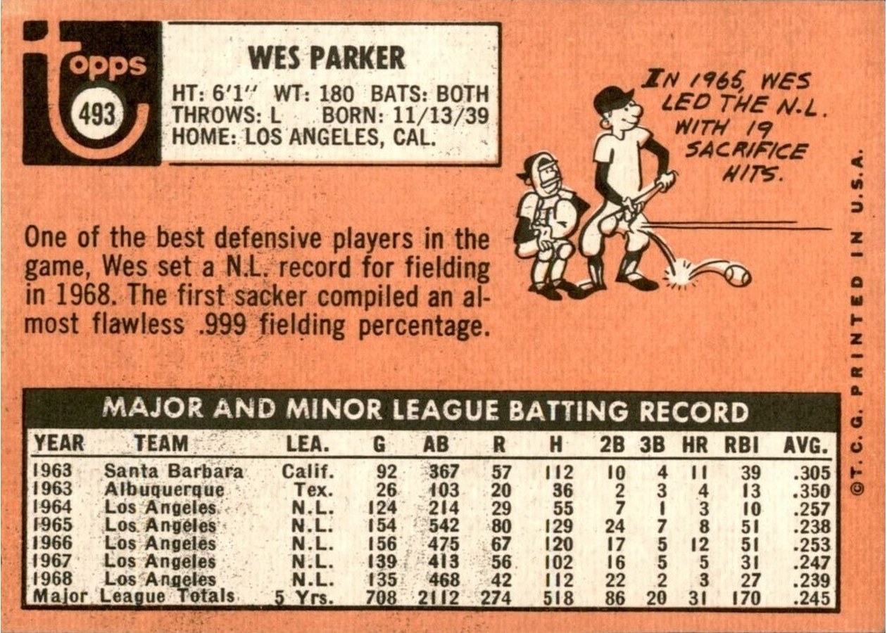 1969 Topps #493 Wes Parker card back