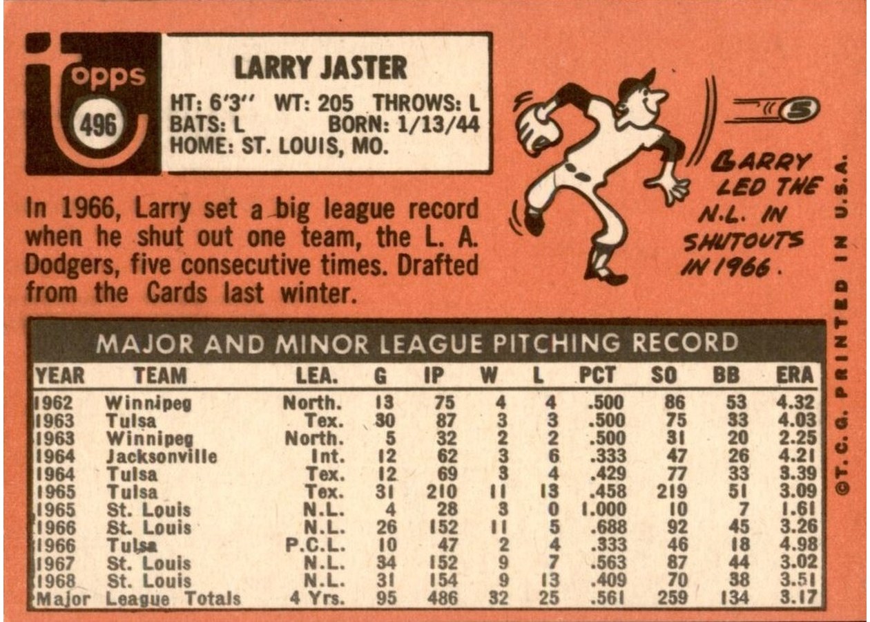 1969 Topps #496 Larry Jaster card back