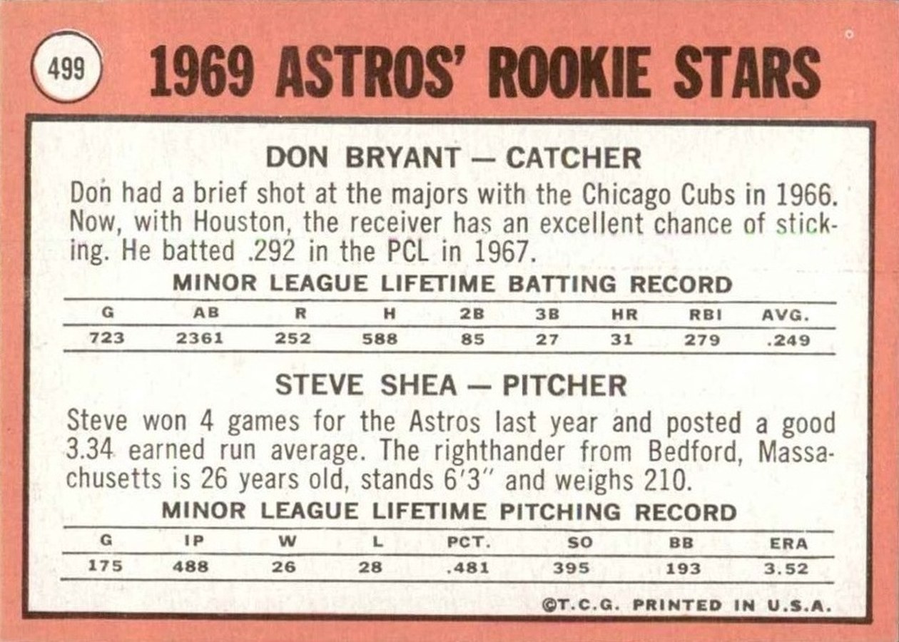 1969 Topps #499 Astros 1969 Rookie Stars card back
