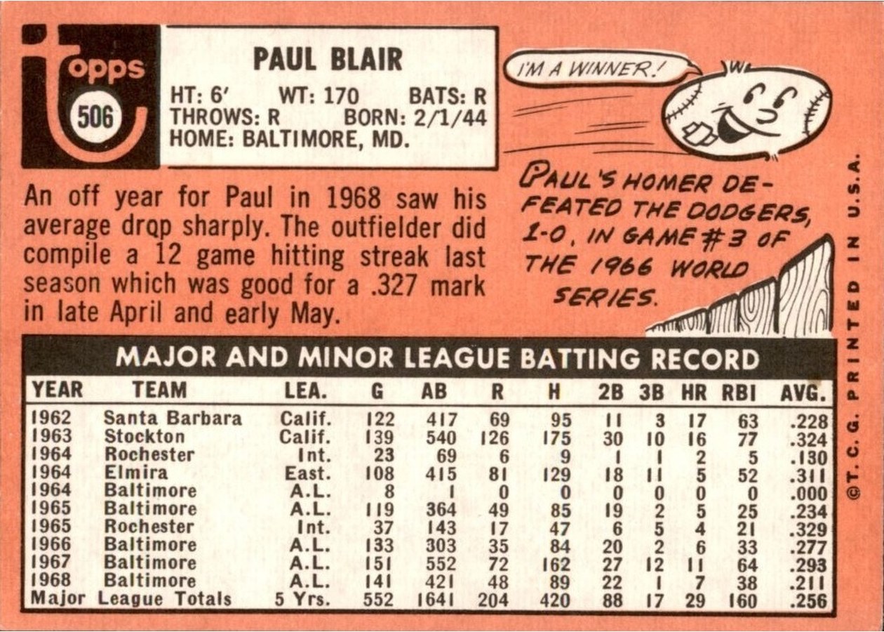 1969 Topps #506 Paul Blair card back