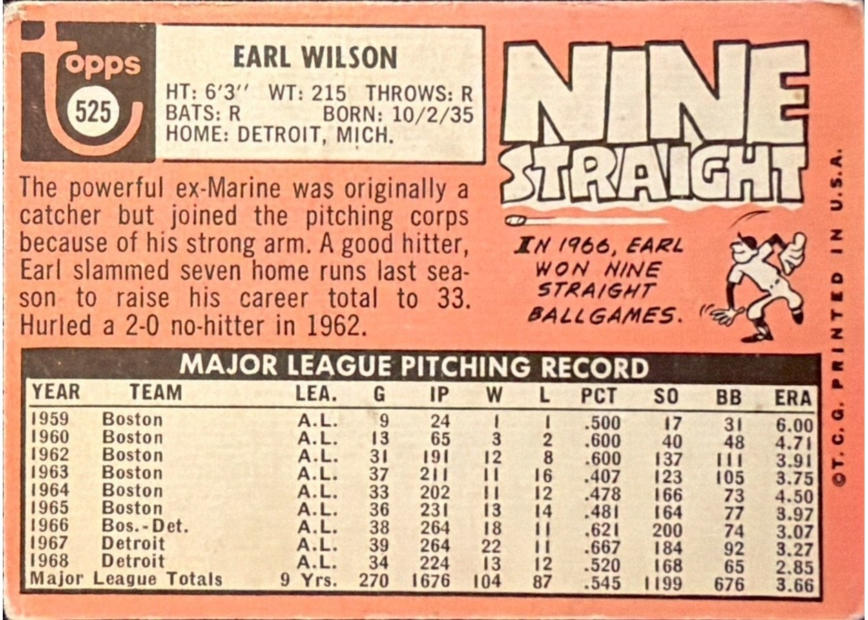 1969 Topps #525 Earl Wilson card back