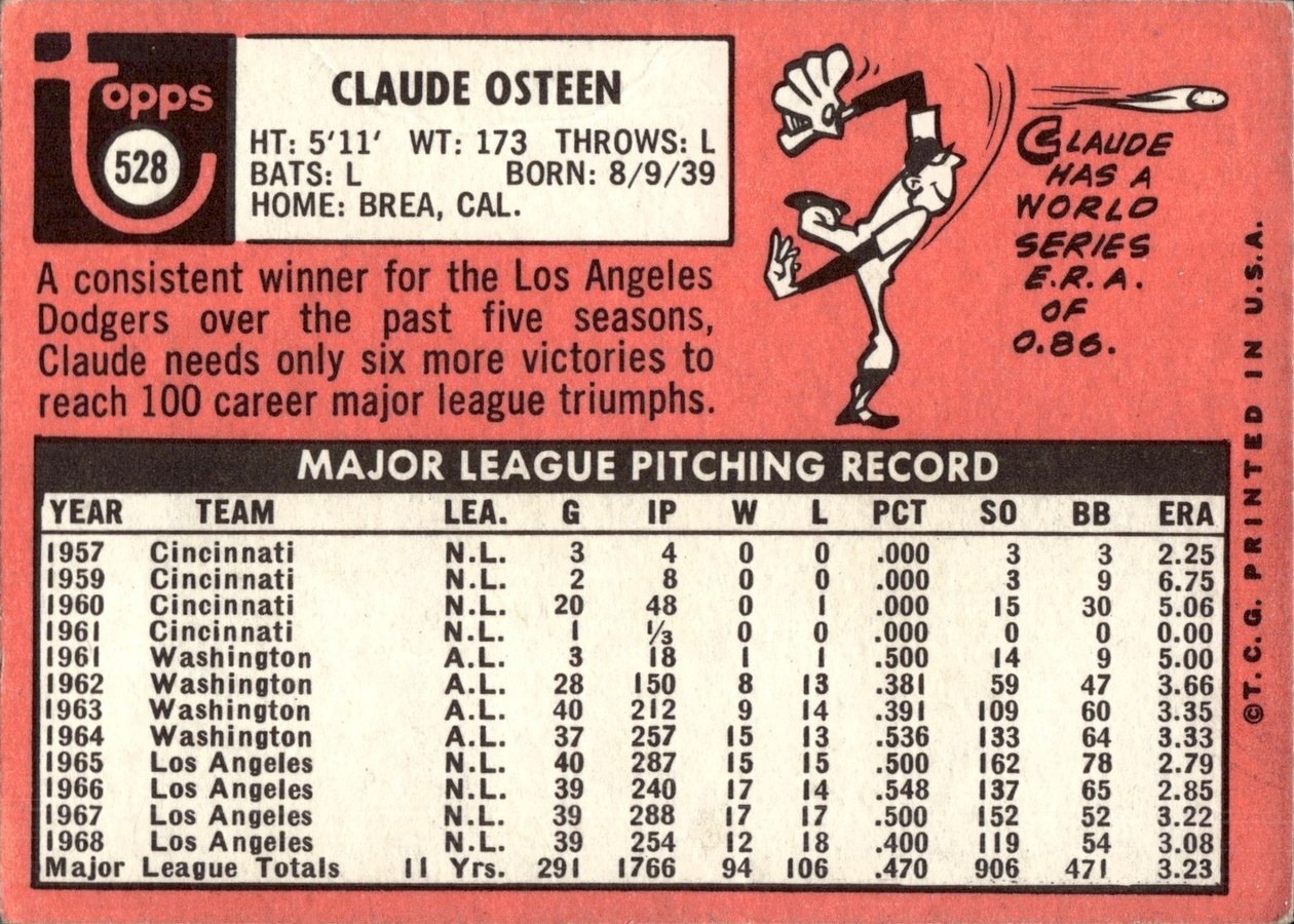 1969 Topps #528 Claude Osteen card back