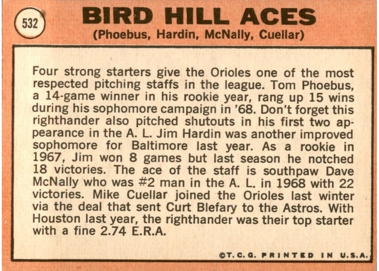 1969 Topps #532 Bird Hill Aces card back