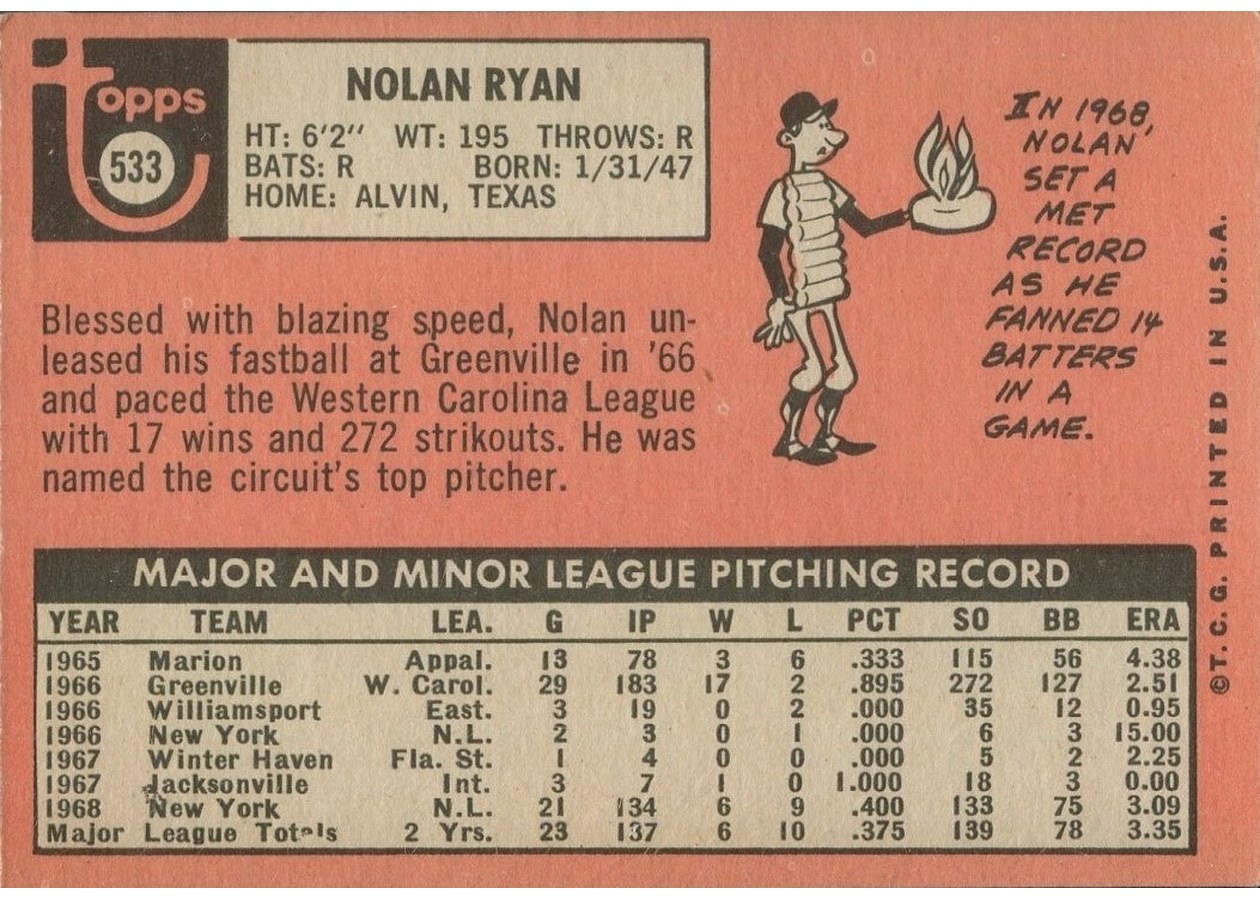 1969 Topps #533 Nolan Ryan card back