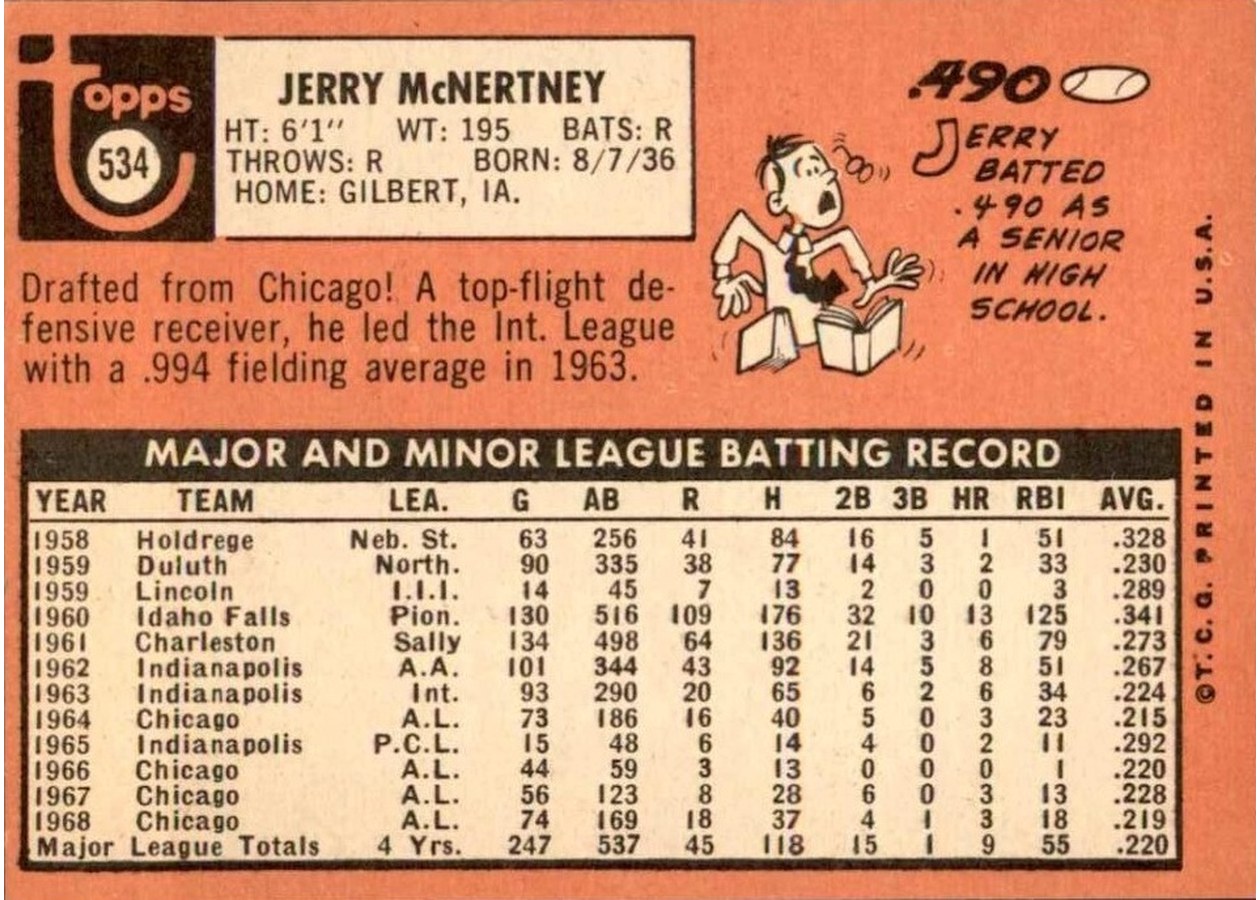 1969 Topps #534 Jerry McNertney card back