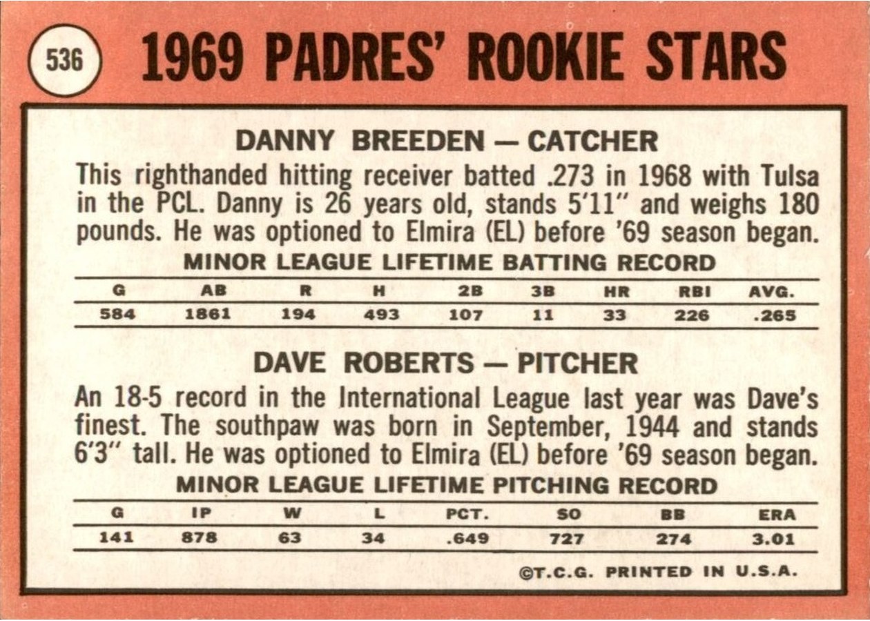 1969 Topps #536 Padres 1969 Rookie Stars card back