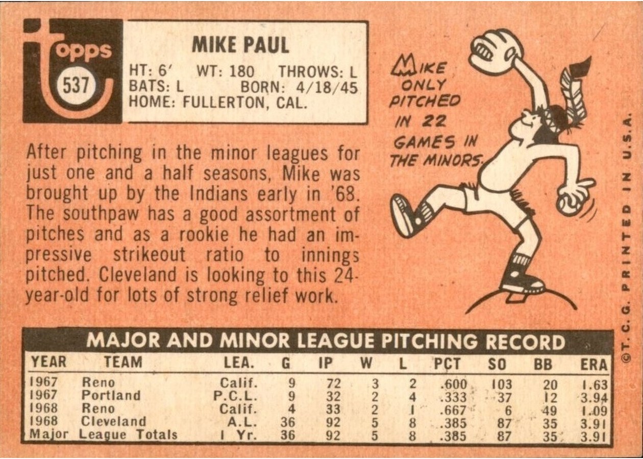 1969 Topps #537 Mike Paul card back