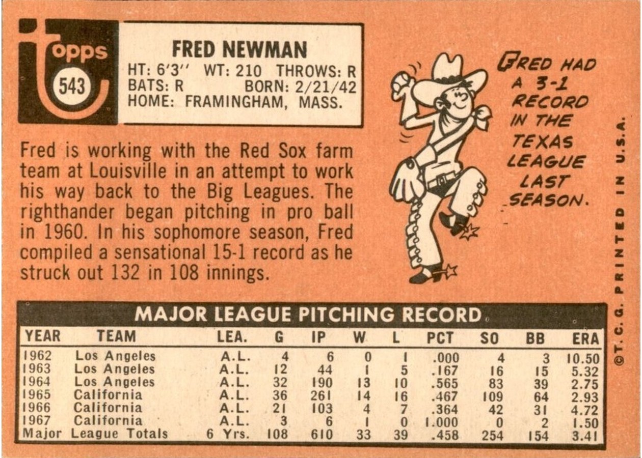 1969 Topps #543 Fred Newman card back