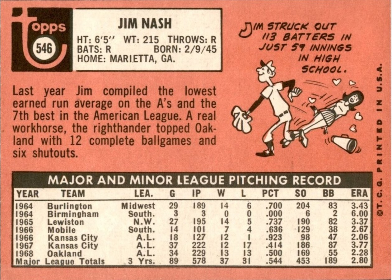1969 Topps #546 Jim Nash card back