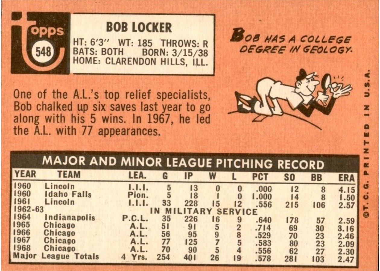 1969 Topps #548 Bob Locker card back