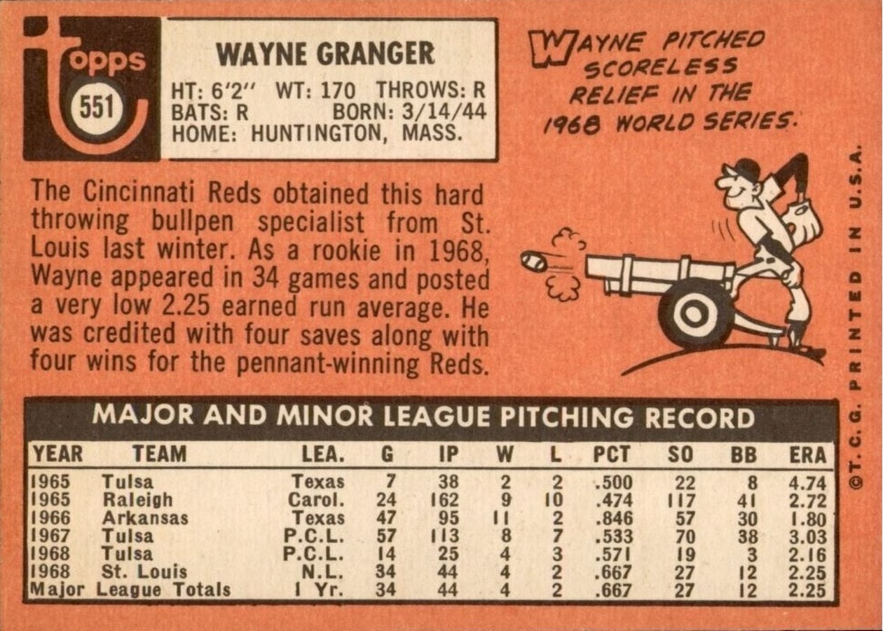 1969 Topps #551 Wayne Granger card back