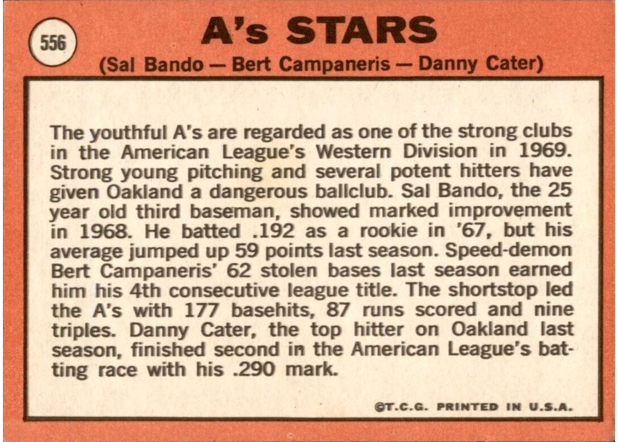 1969 Topps #556 A's Stars card back