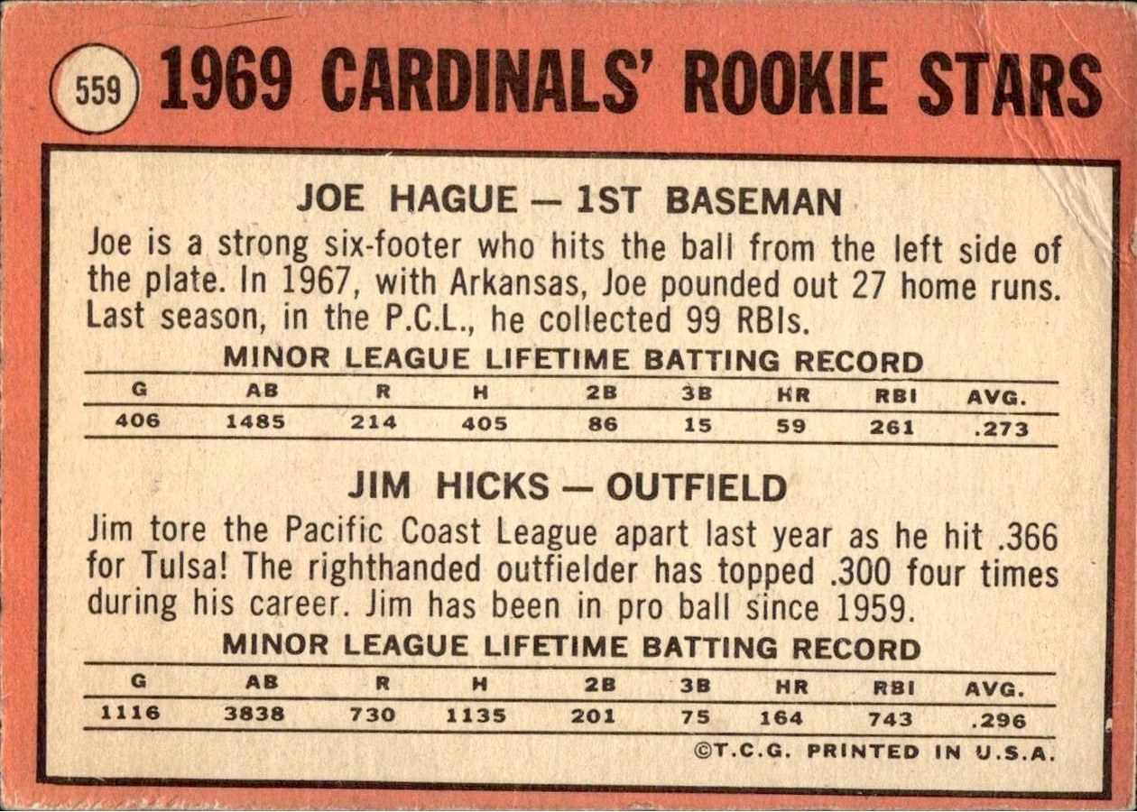 1969 Topps #559 Cardinals 1969 Rookie Stars card back
