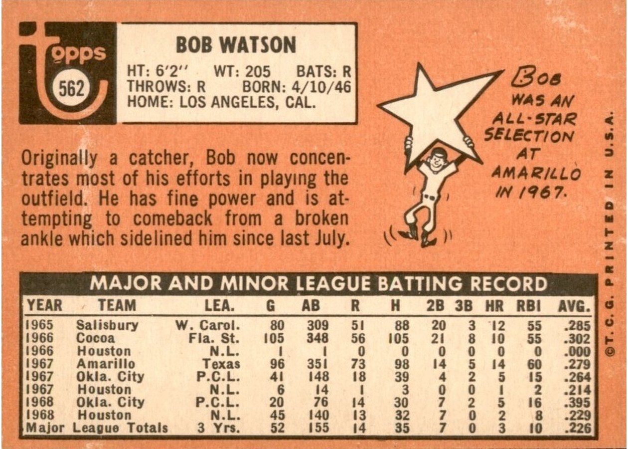 1969 Topps #562 Bob Watson card back