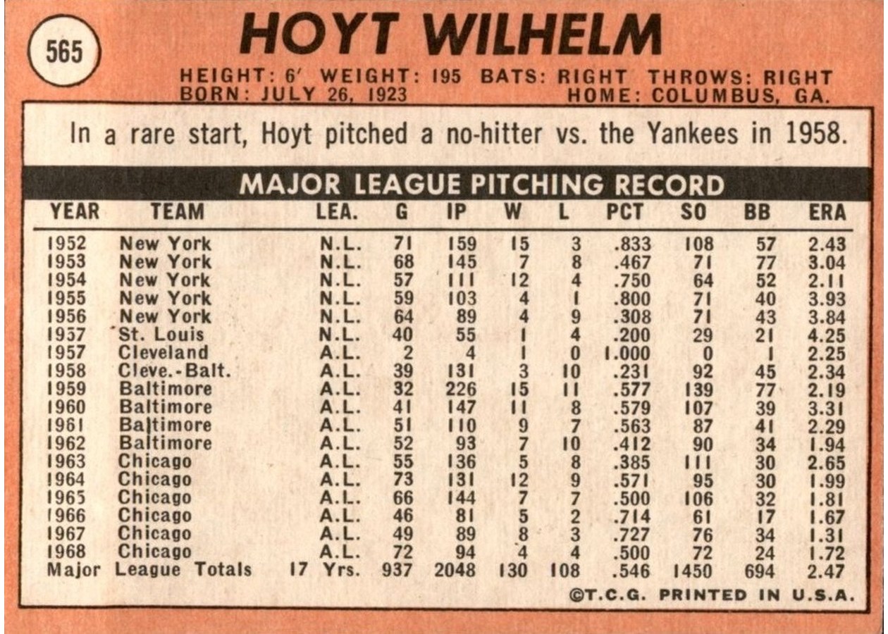 1969 Topps #565 Hoyt Wilhelm card back