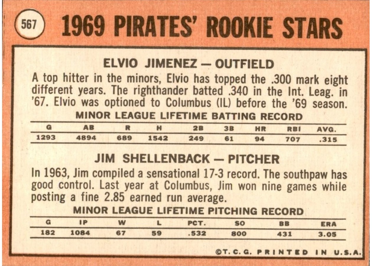 1969 Topps #567 Pirates 1969 Rookie Stars card back