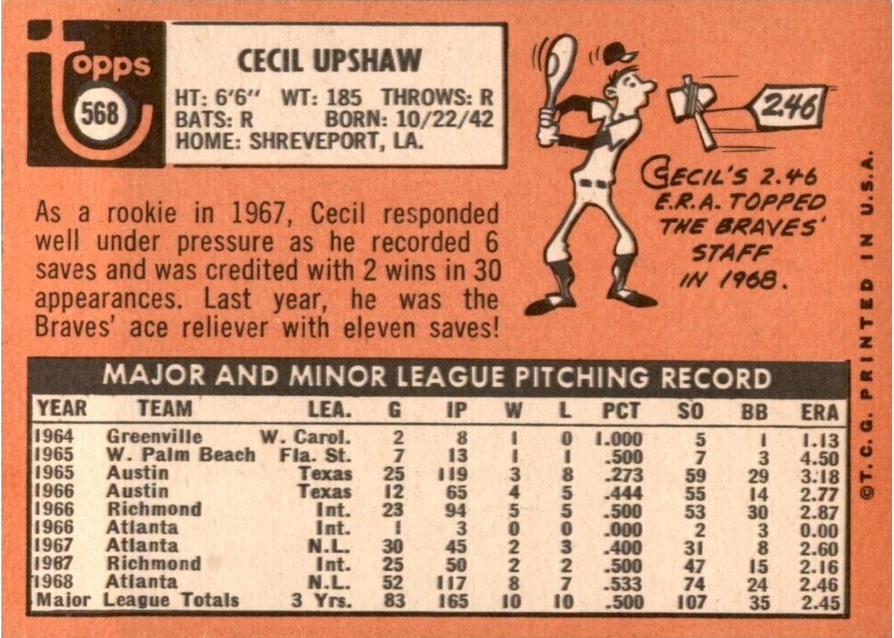 1969 Topps #568 Cecil Upshaw card back