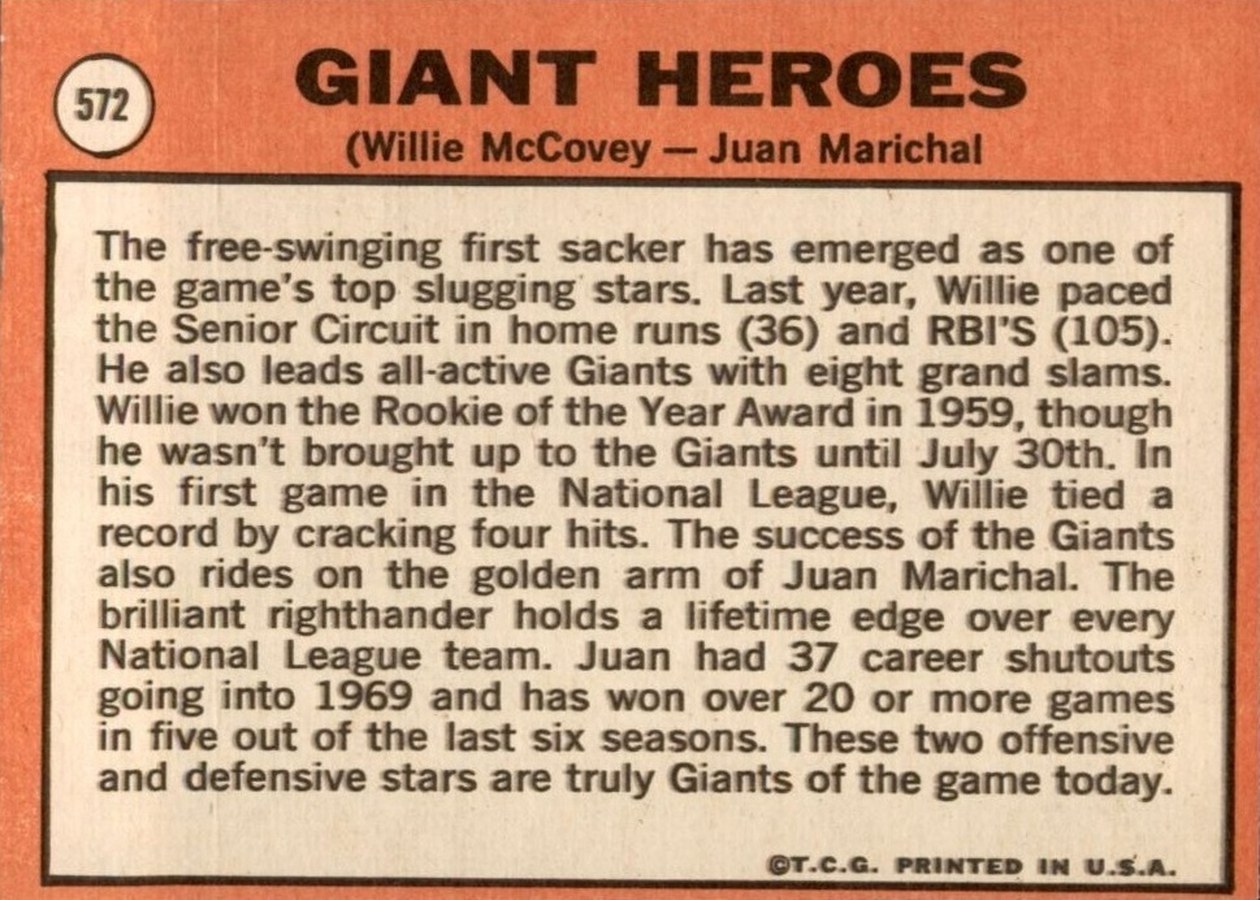 1969 Topps #572 Giants Heroes card back