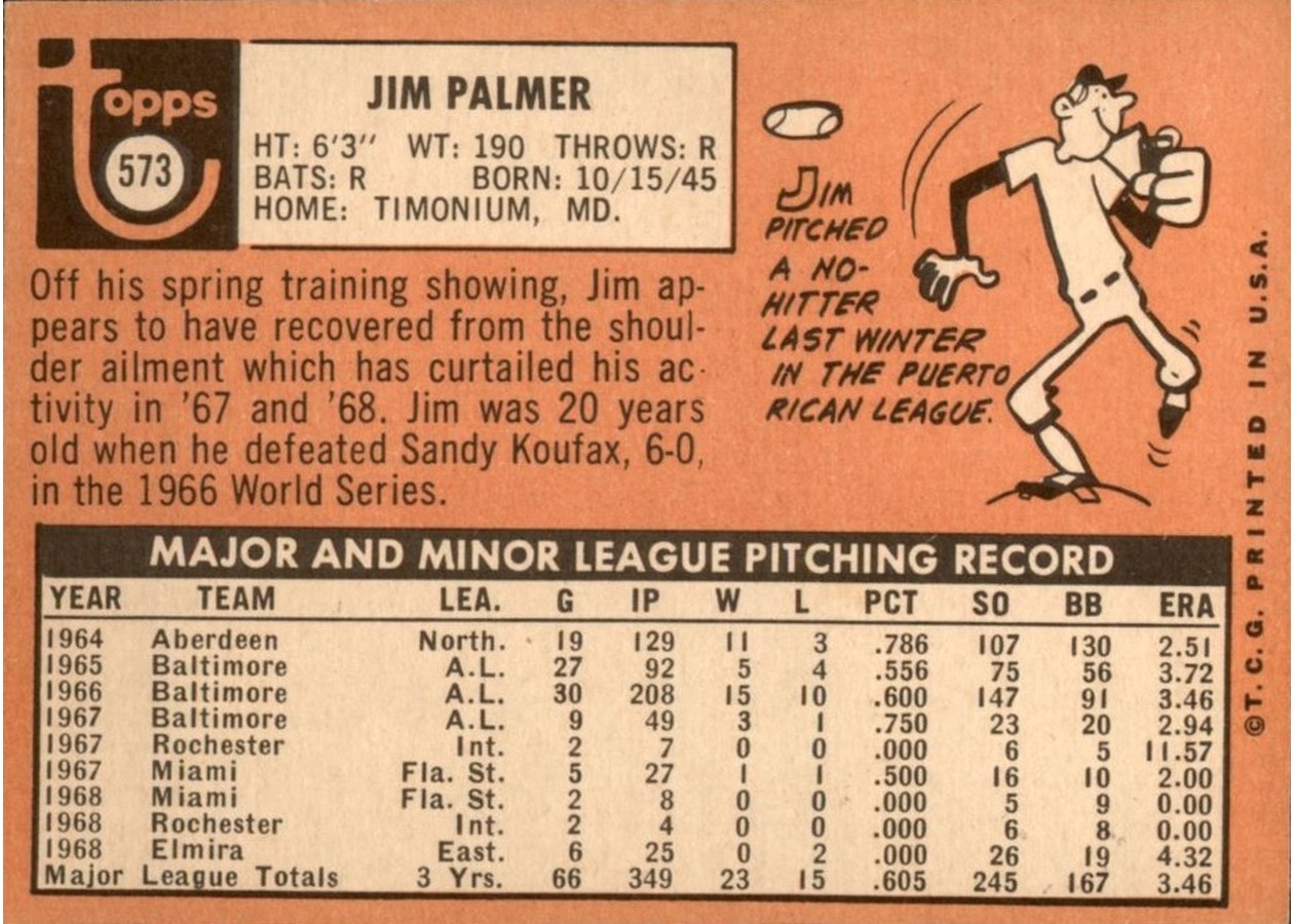 1969 Topps #573 Jim Palmer card back
