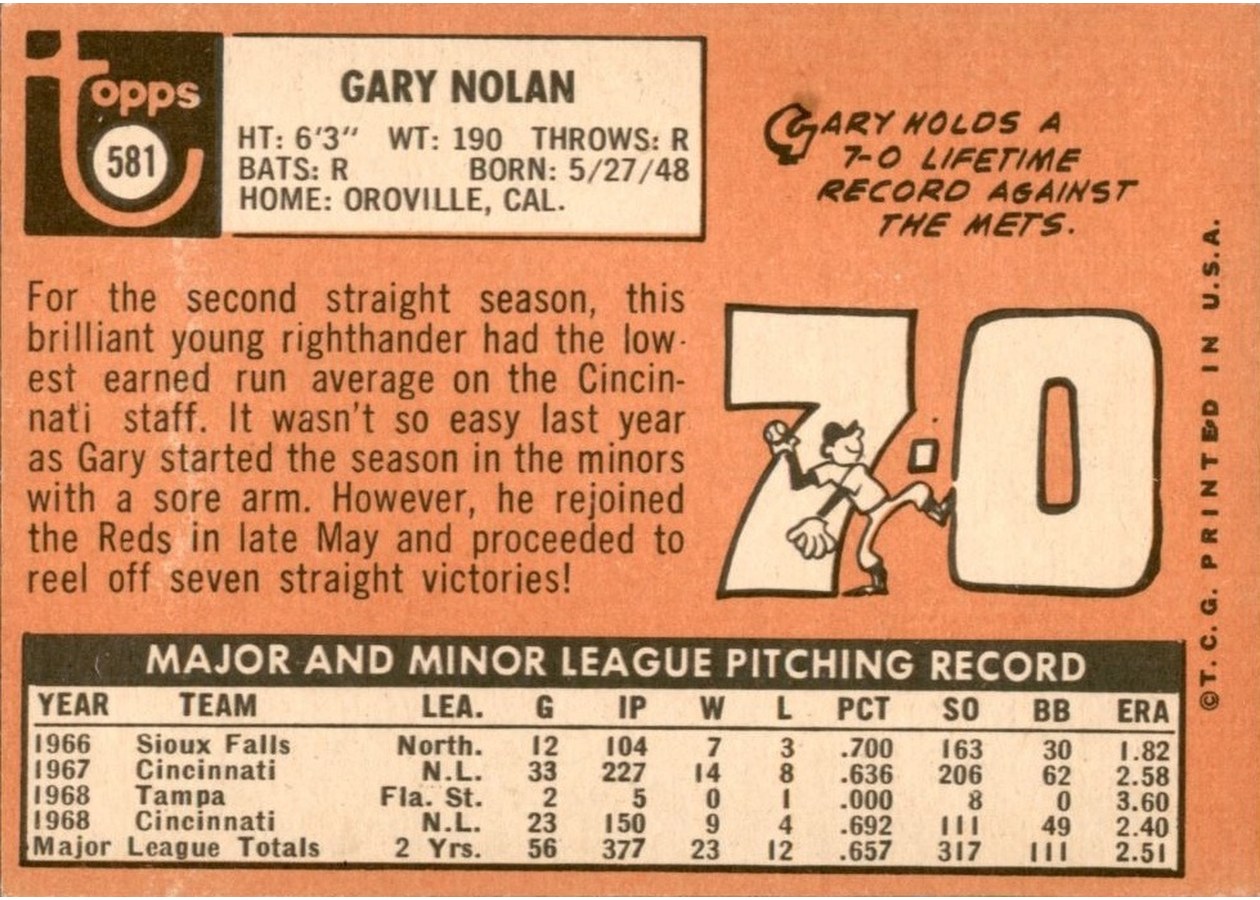1969 Topps #581 Gary Nolan card back