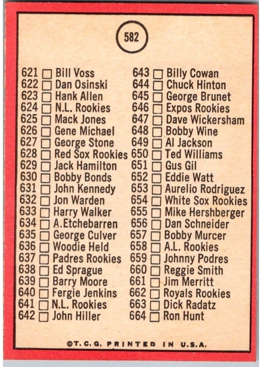 1969 Topps #582 7th Series Check List: 589-664 card back