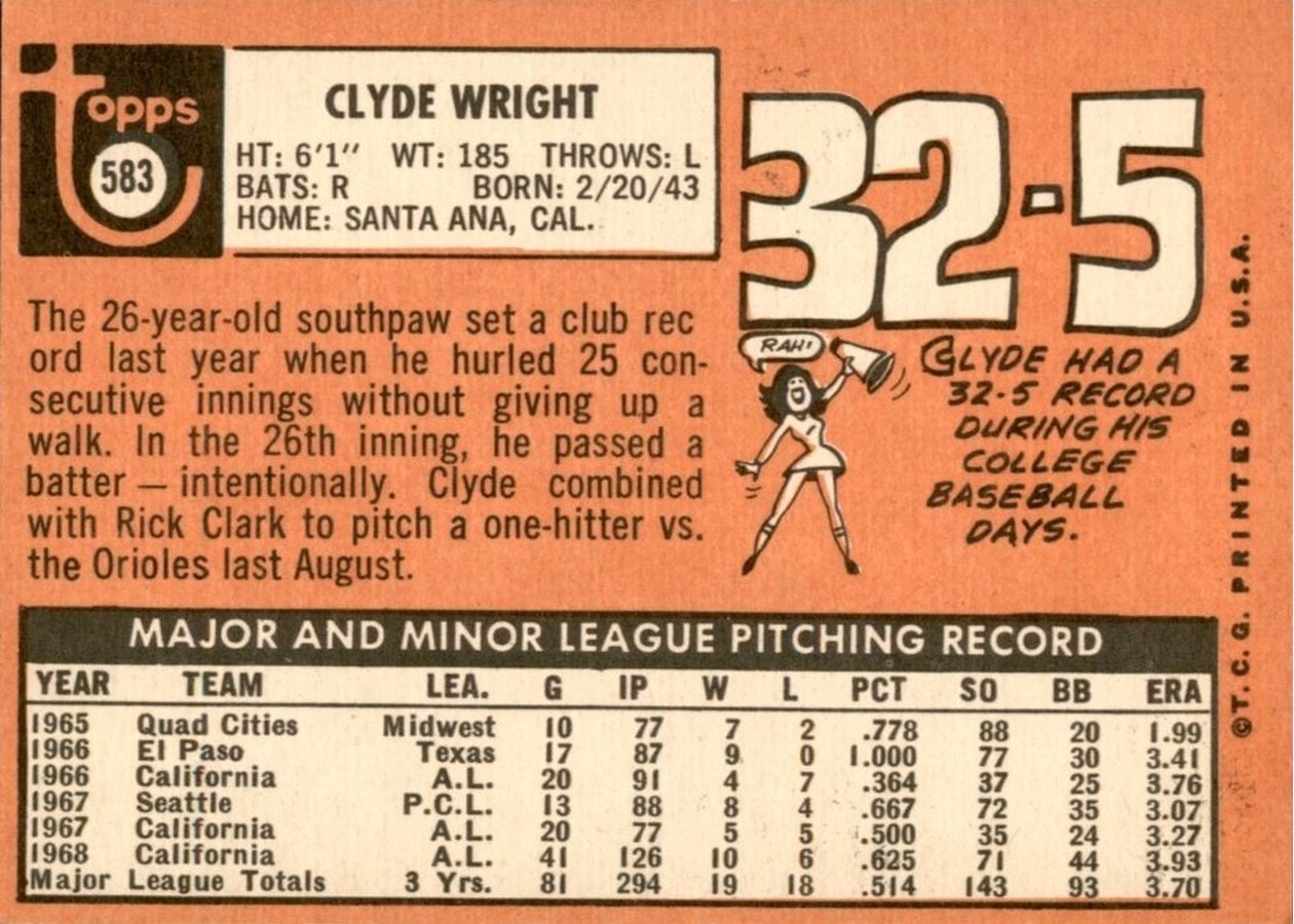 1969 Topps #583 Clyde Wright card back