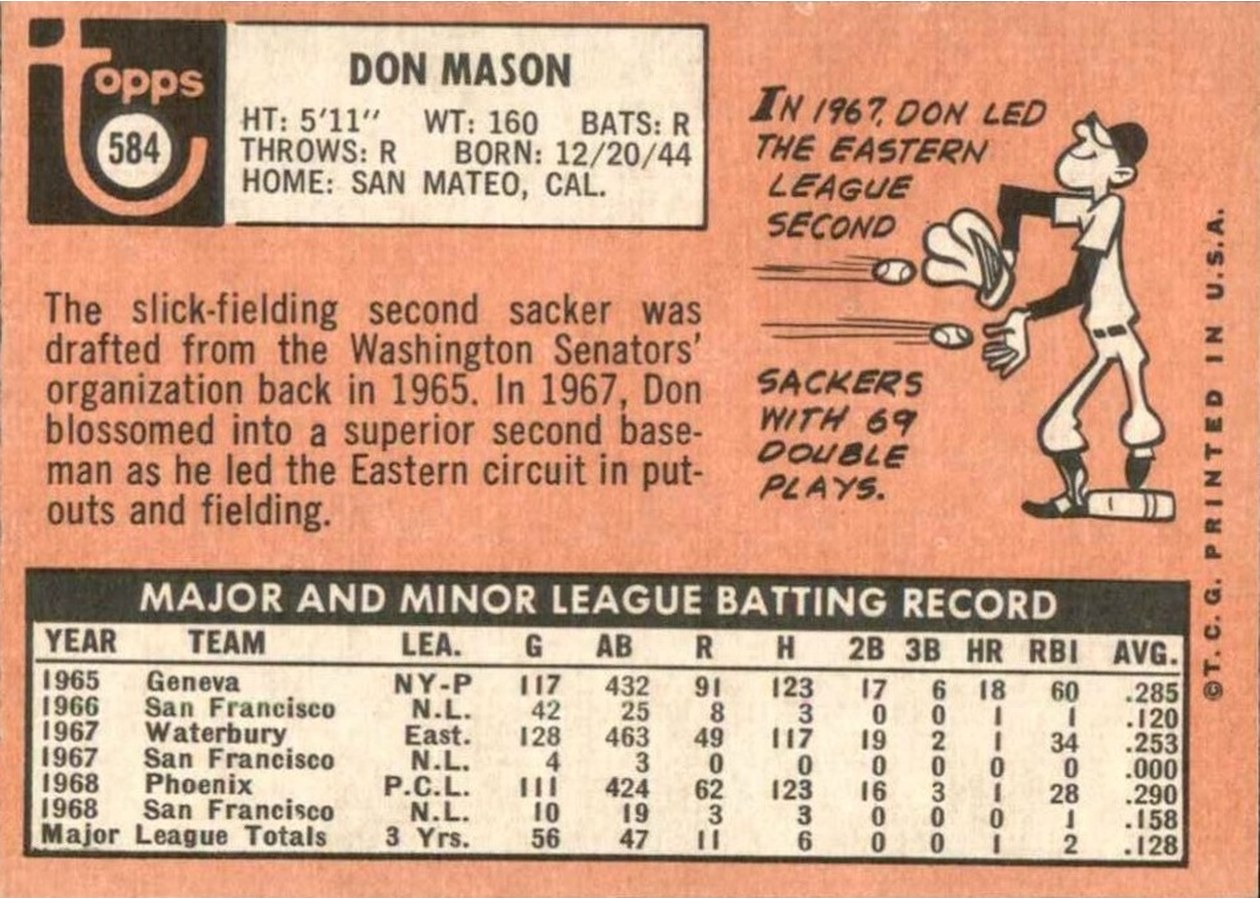 1969 Topps #584 Don Mason card back