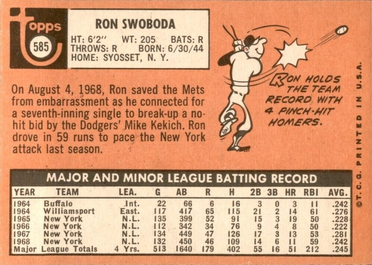 1969 Topps #585 Ron Swoboda card back