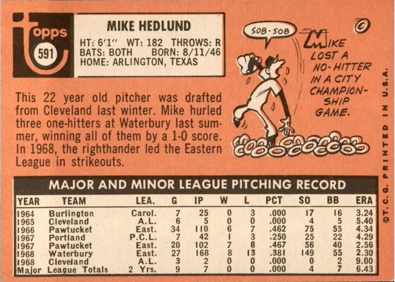 1969 Topps #591 Mike Hedlund card back