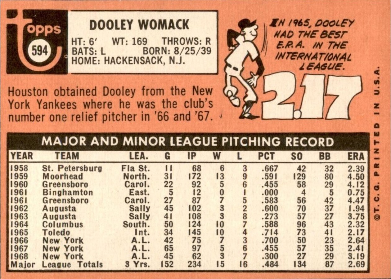 1969 Topps #594 Dooley Womack card back