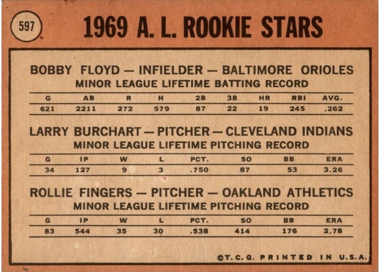 1969 Topps #597 American League 1969 Rookie Stars card back