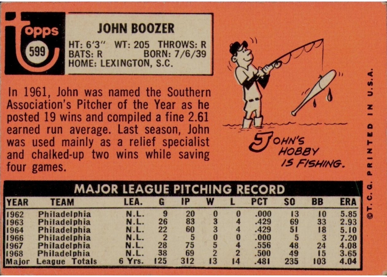 1969 Topps #599 John Boozer card back