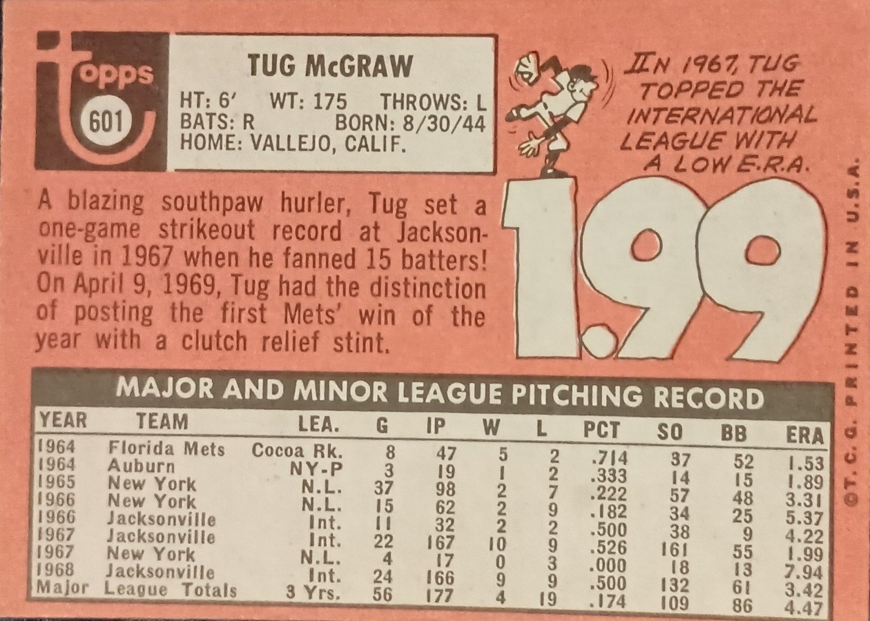 1969 Topps #601 Tug McGraw card back