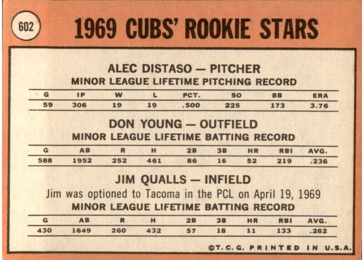 1969 Topps #602 Cubs 1969 Rookie Stars card back