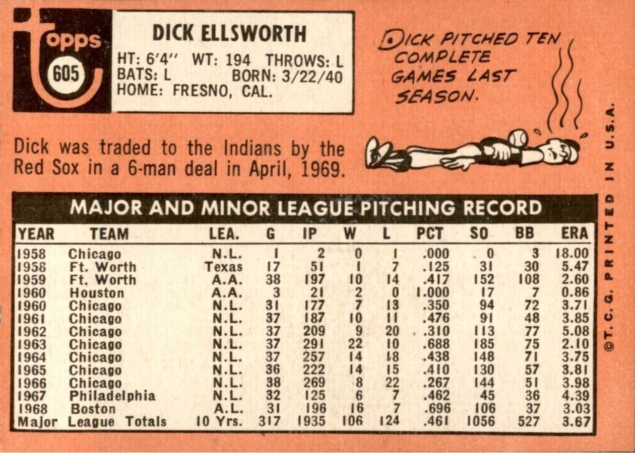 1969 Topps #605 Dick Ellsworth card back