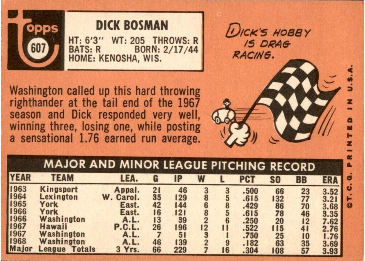 1969 Topps #607 Dick Bosman card back