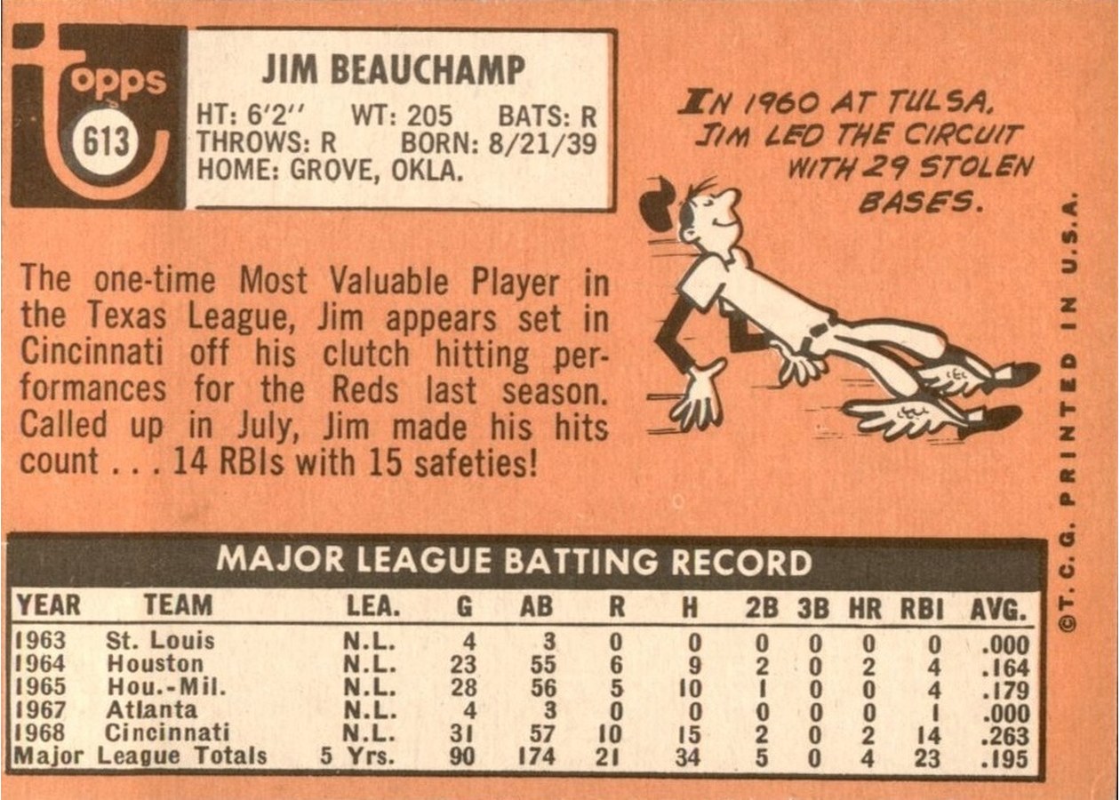 1969 Topps #613 Jim Beauchamp card back
