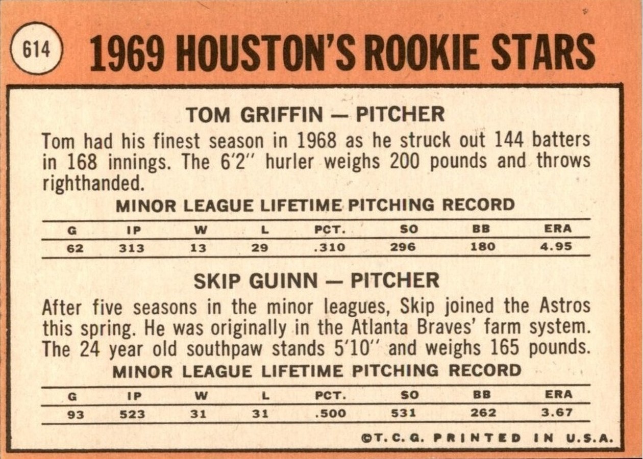 1969 Topps #614 Houston 1969 Rookie Stars card back