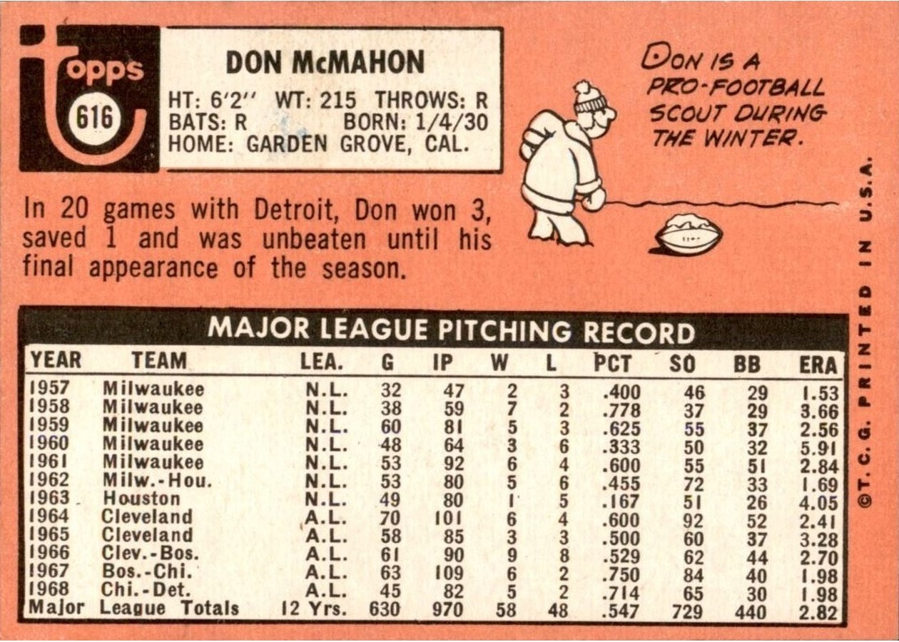 1969 Topps #616 Don McMahon card back
