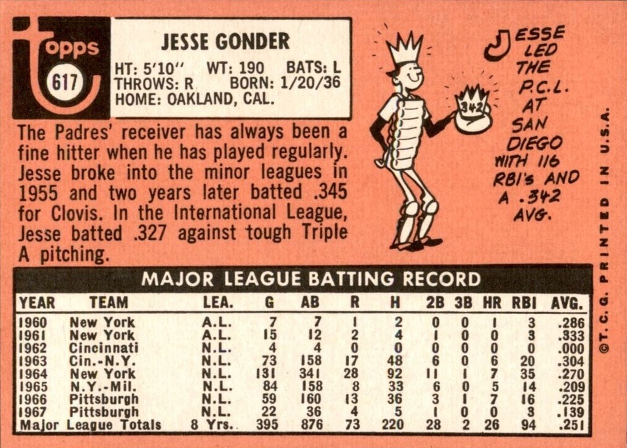 1969 Topps #617 Jesse Gonder card back