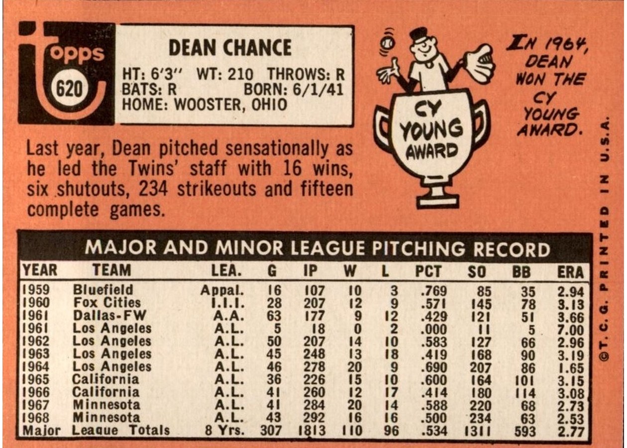 1969 Topps #620 Dean Chance card back