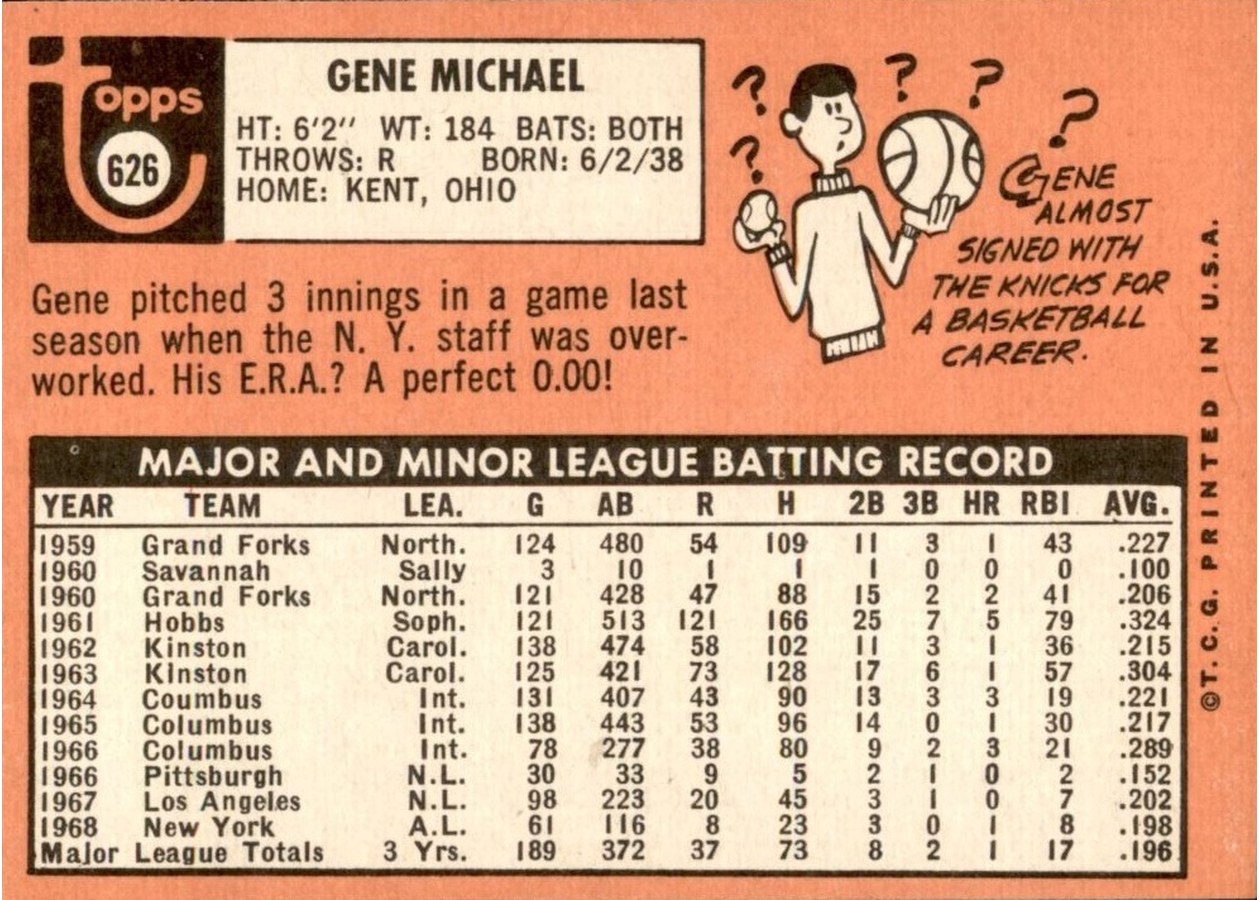 1969 Topps #626 Gene Michael card back