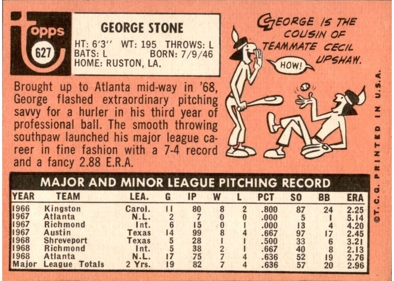 1969 Topps #627 George Stone card back