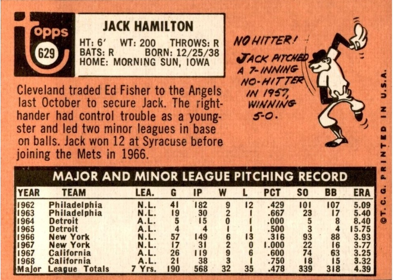 1969 Topps #629 Jack Hamilton card back