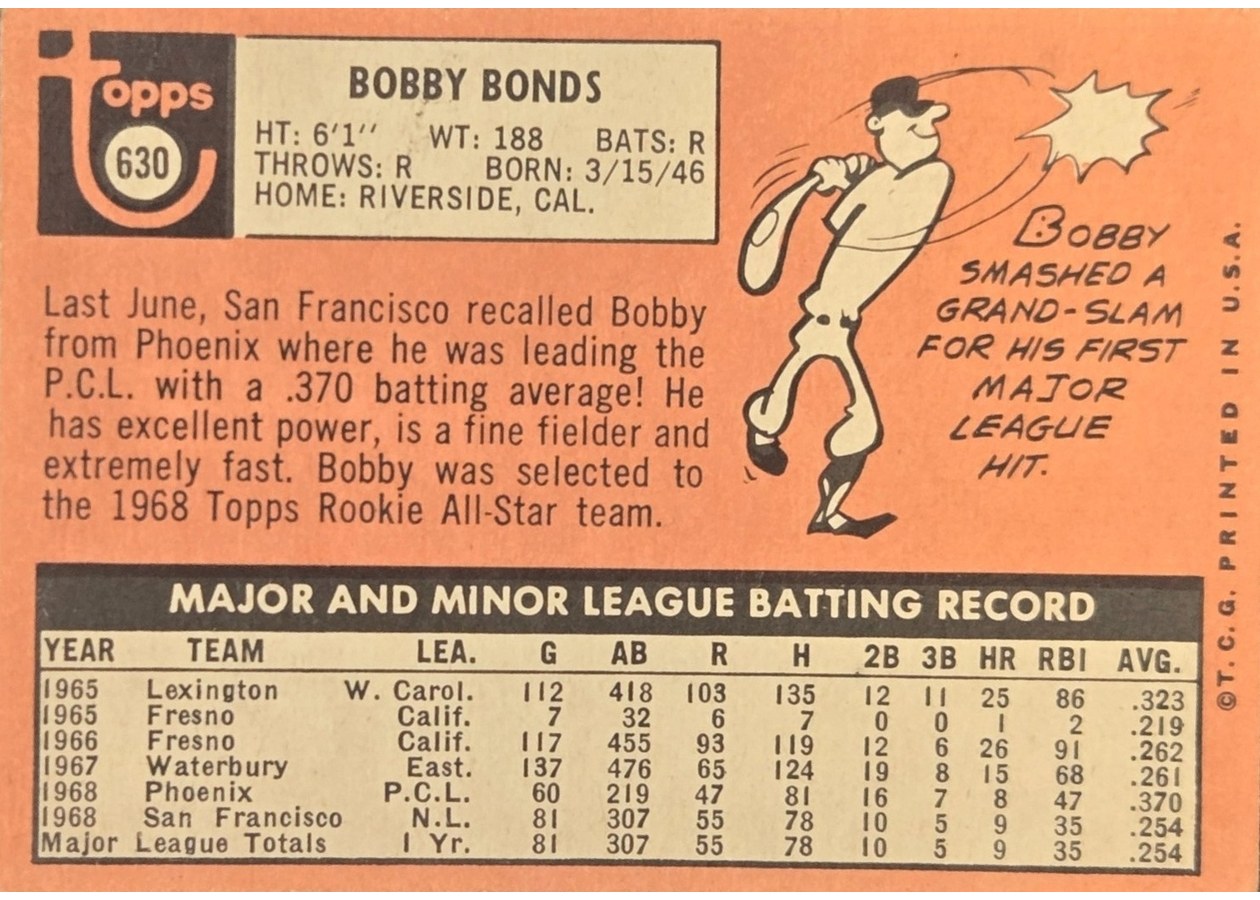 1969 Topps #630 Bobby Bonds card back