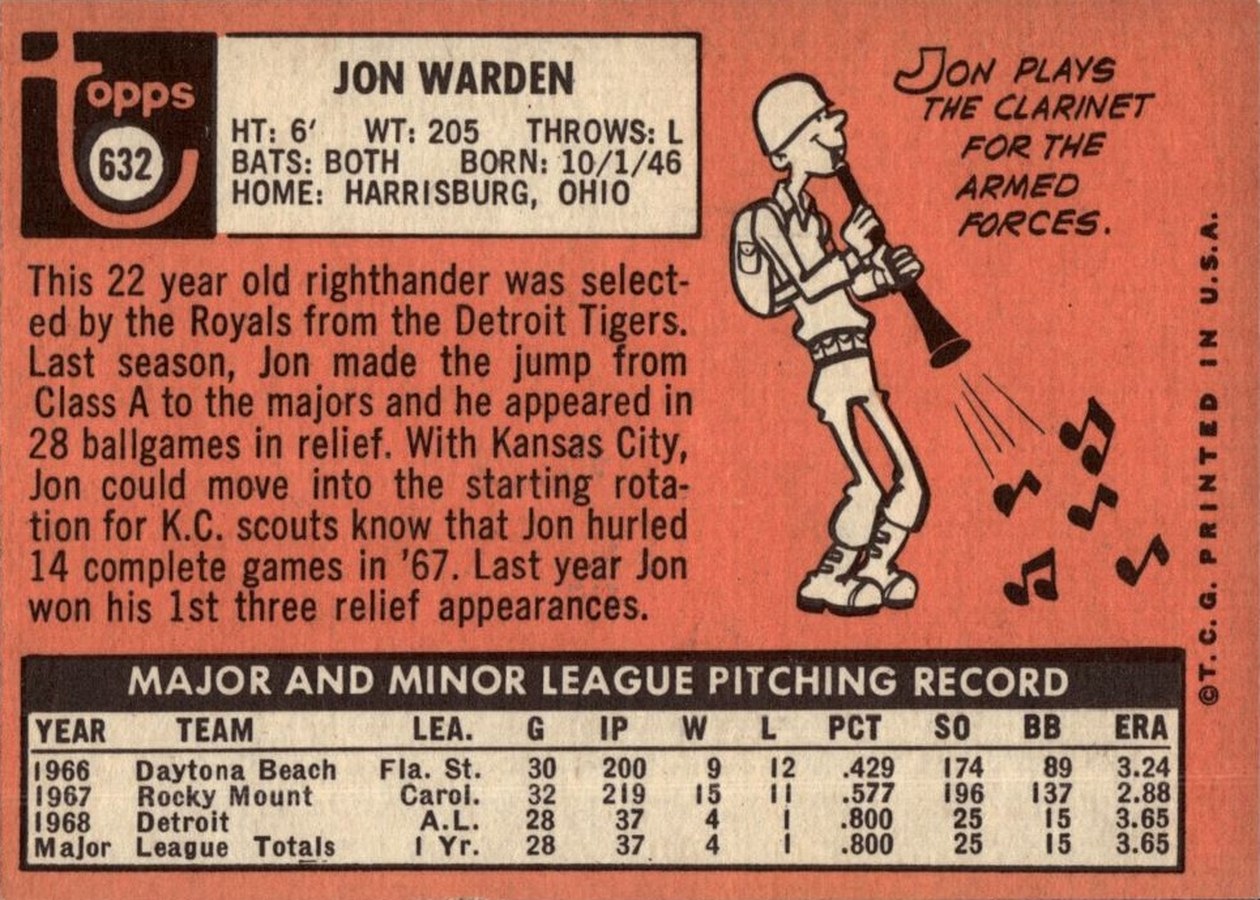 1969 Topps #632 Jon Warden card back