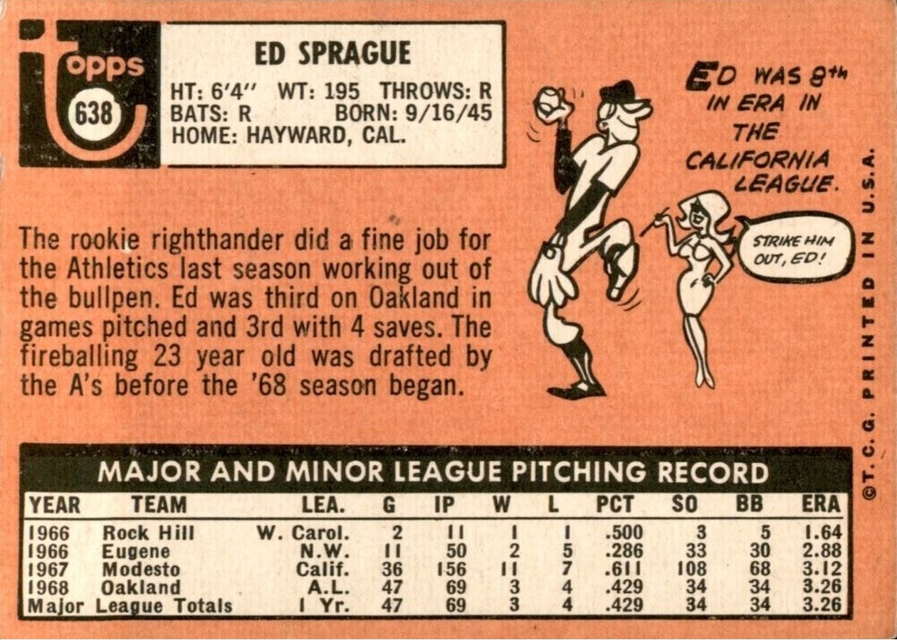 1969 Topps #638 Ed Sprague card back