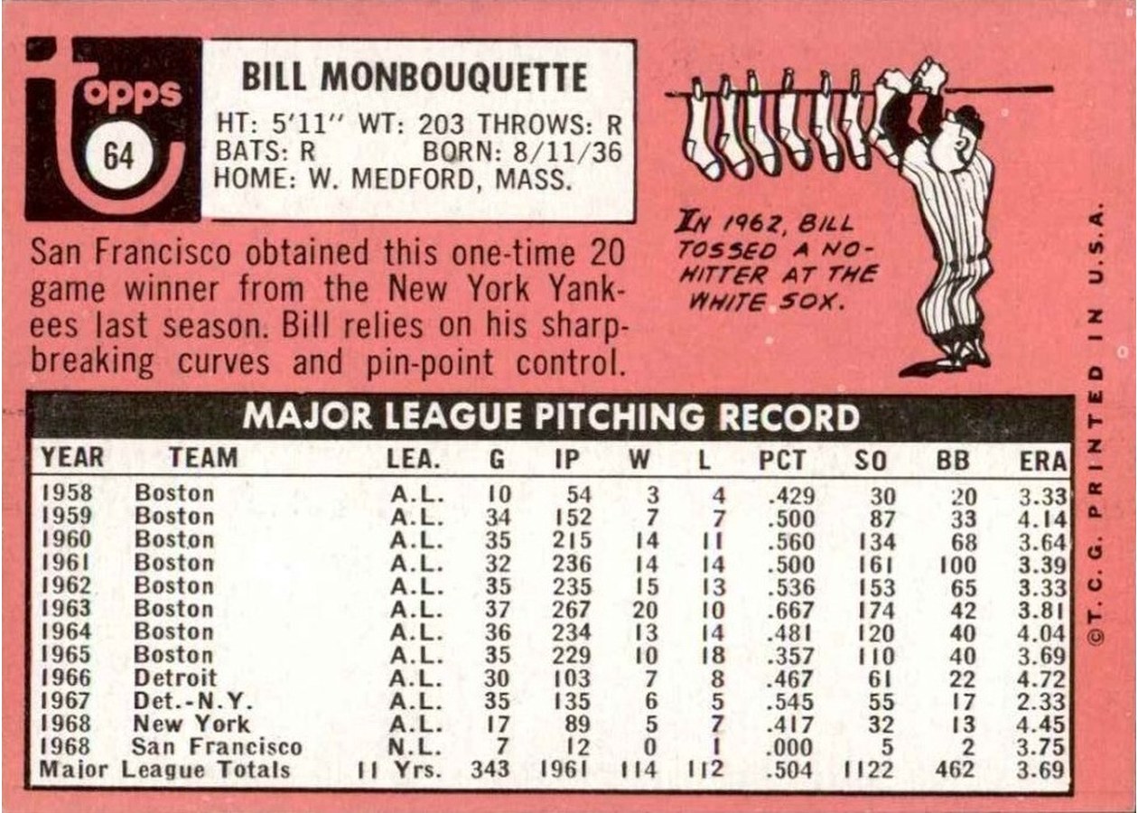 1969 Topps #64 Bill Monbouquette card back