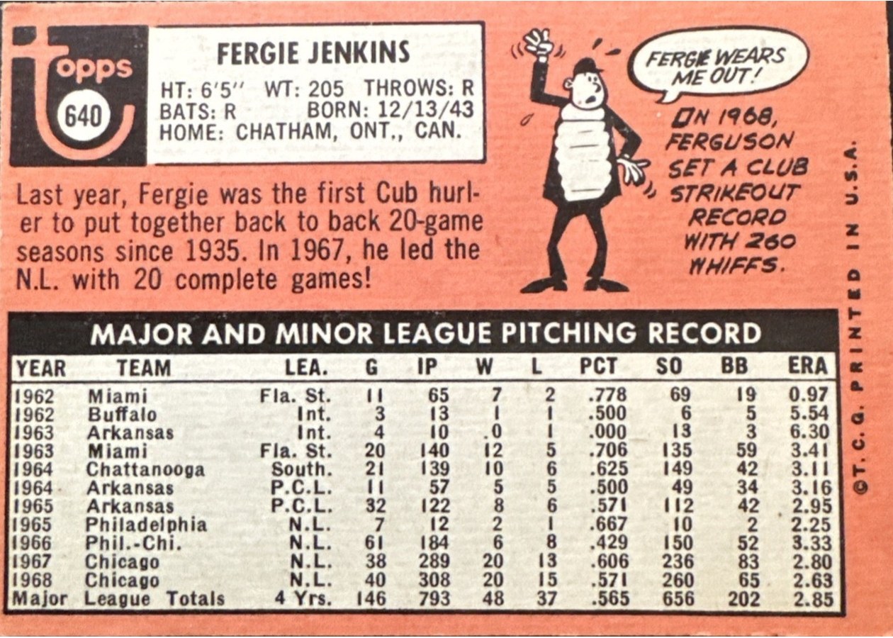 1969 Topps #640 Fergie Jenkins card back